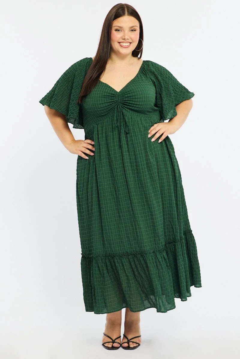 Green Maxi Dress Short Sleeve Ruched Bust Textured