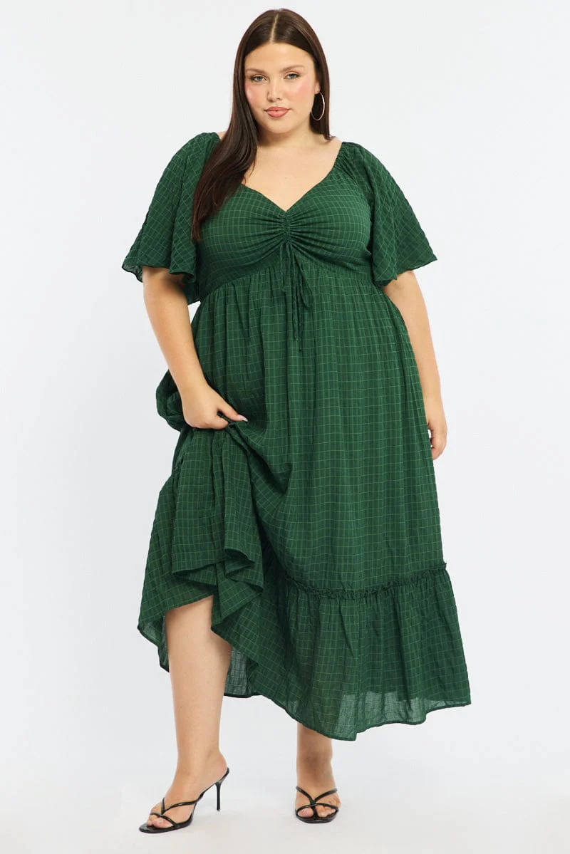 Green Maxi Dress Short Sleeve Ruched Bust Textured - Image 3