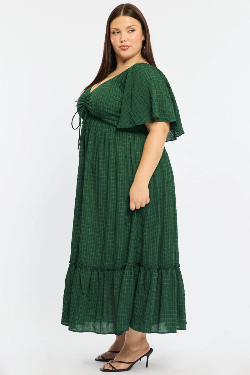 Green Maxi Dress Short Sleeve Ruched Bust Textured - Image 4