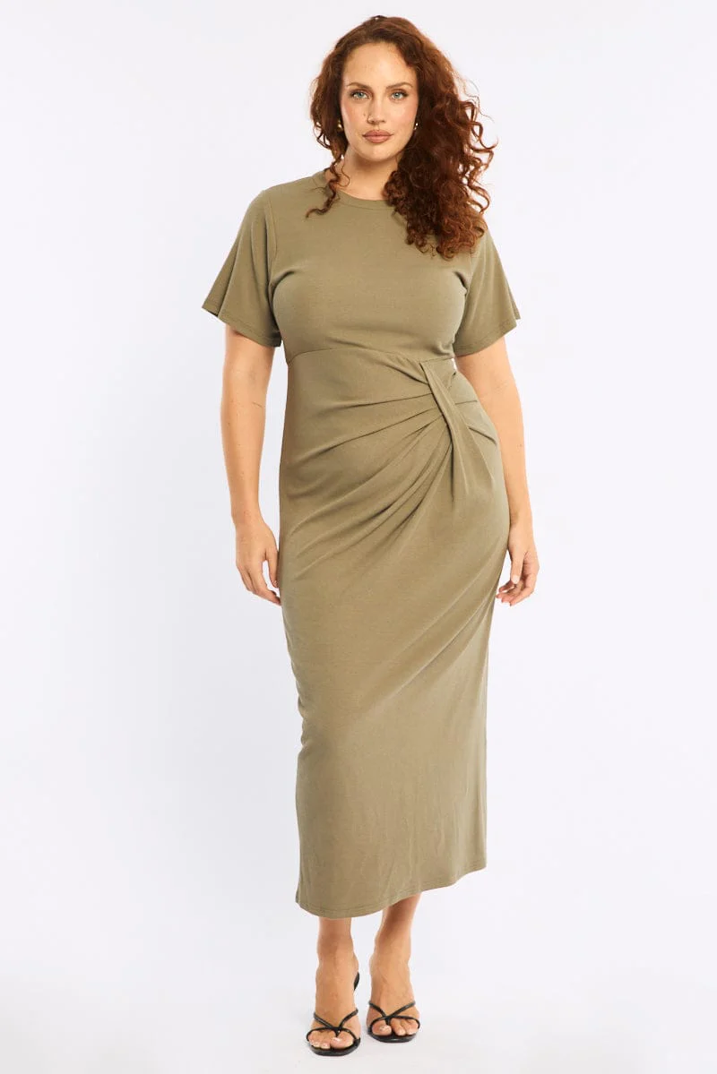 Green Maxi Dress Short Sleeve Twisted Waist Rib