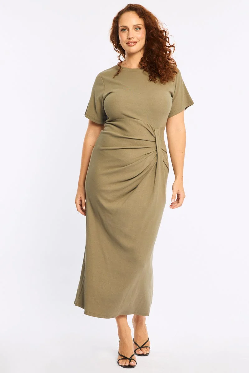 Green Maxi Dress Short Sleeve Twisted Waist Rib - Image 2