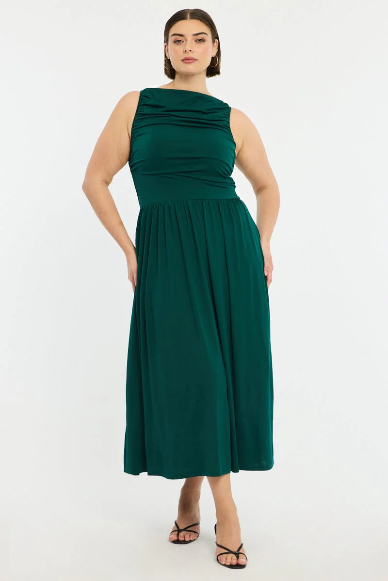 Green Maxi Dress Sleeveless Ruched