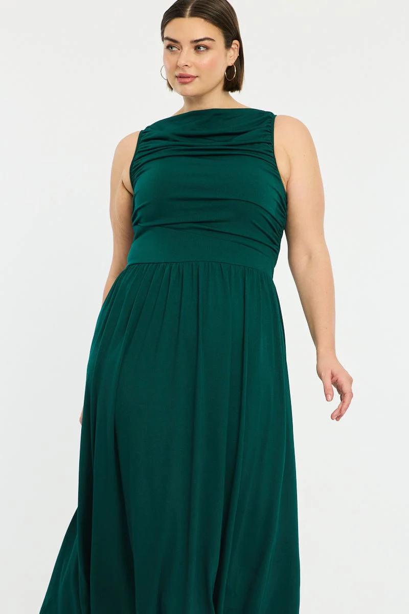 Green Maxi Dress Sleeveless Ruched - Image 2