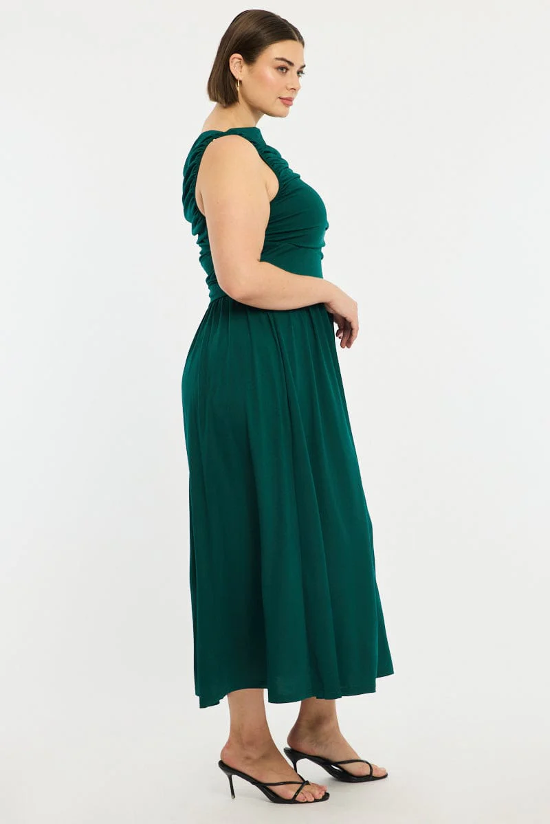 Green Maxi Dress Sleeveless Ruched - Image 3