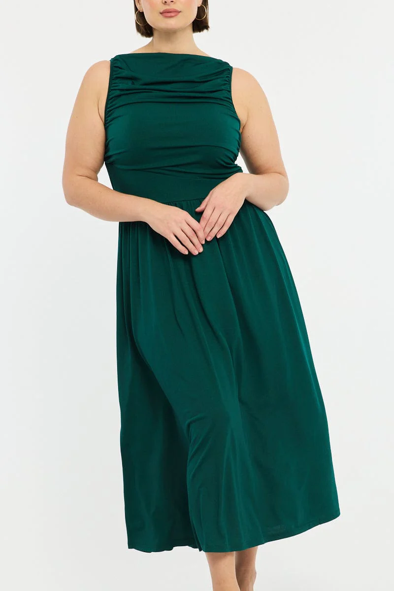 Green Maxi Dress Sleeveless Ruched - Image 5