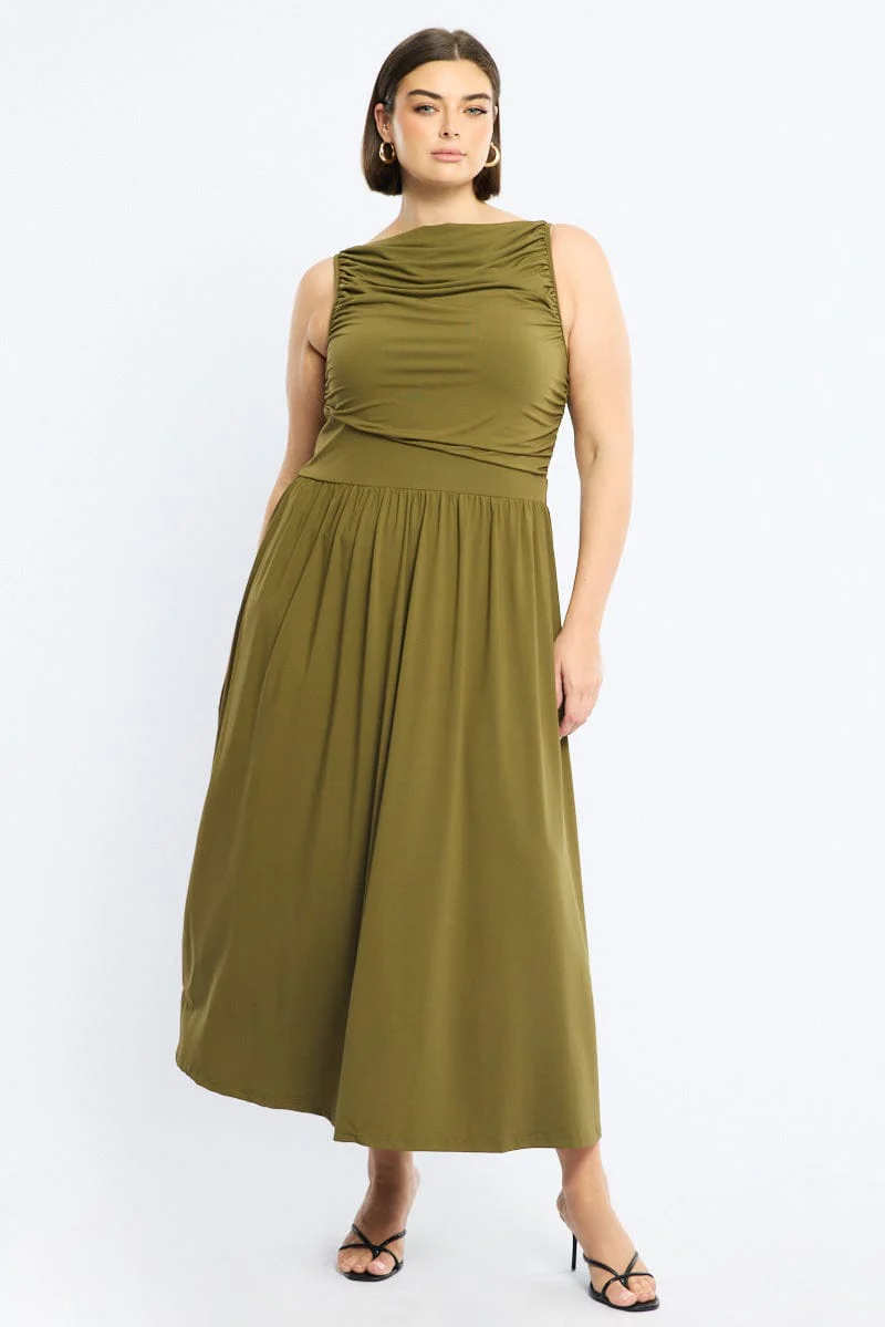 Green Maxi Dress Sleeveless Ruched