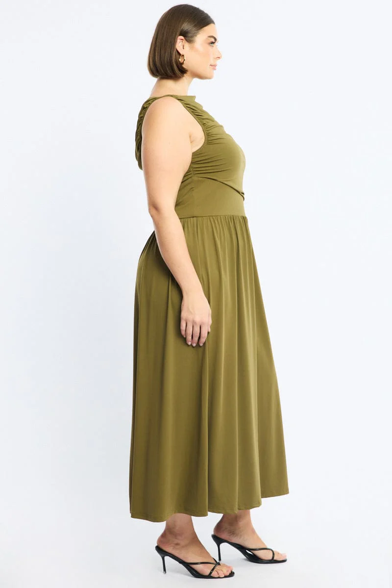 Green Maxi Dress Sleeveless Ruched - Image 3