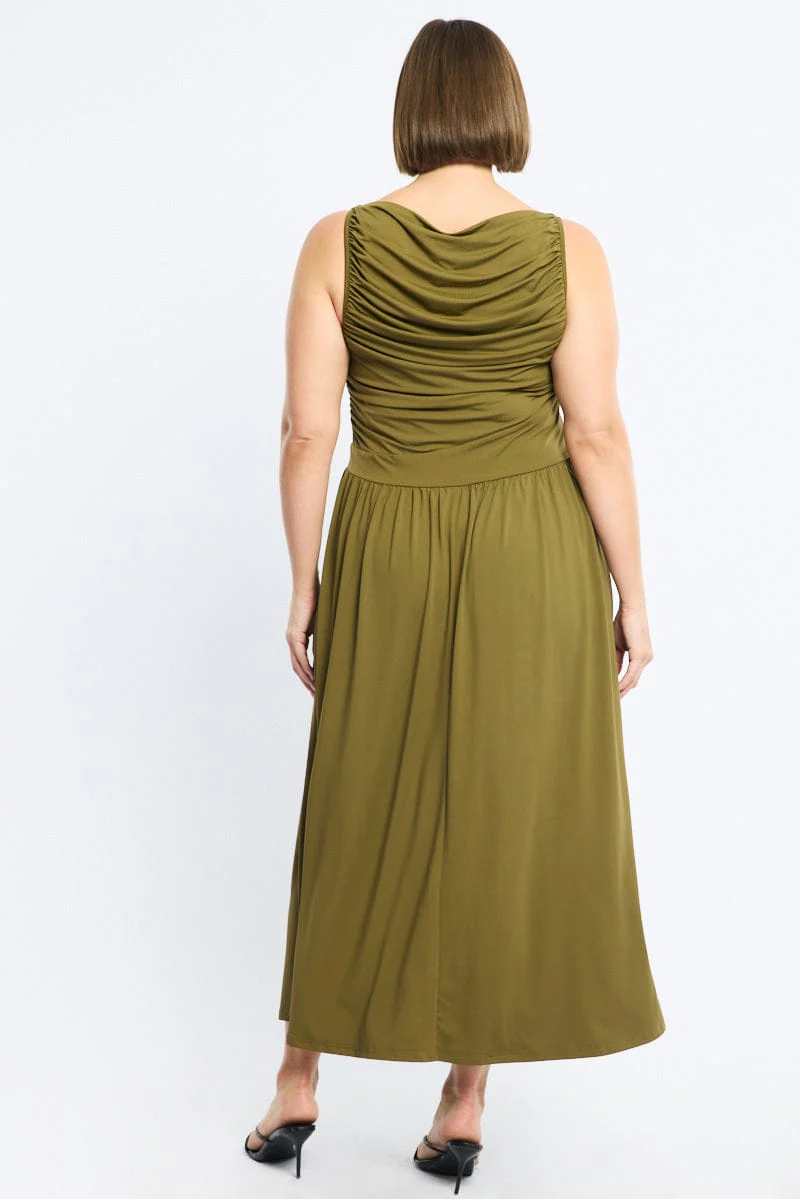 Green Maxi Dress Sleeveless Ruched - Image 4