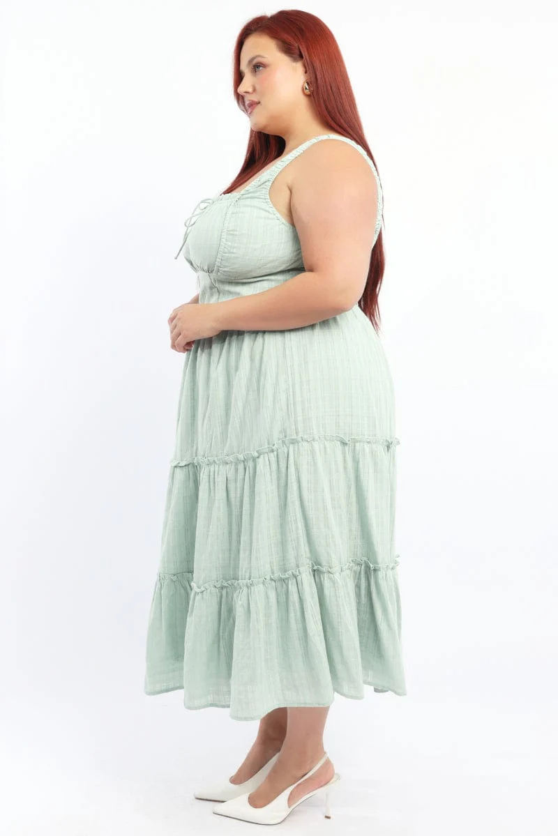 Green Maxi Dress Sleeveless Tiered Self Check - Image 3