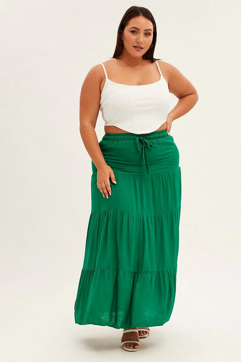 Green Maxi Skirt High Waist Tiered - Image 3