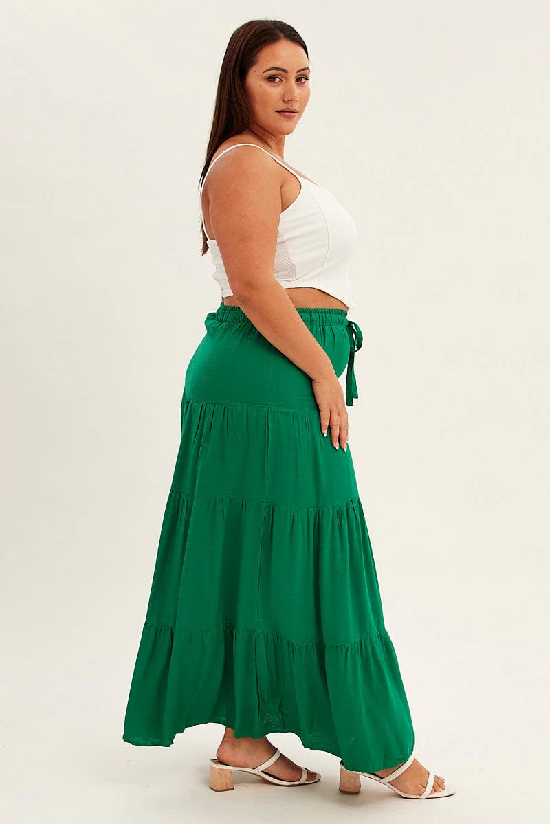 Green Maxi Skirt High Waist Tiered - Image 4