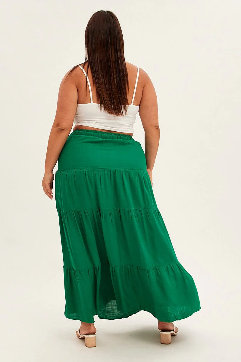 Green Maxi Skirt High Waist Tiered - Image 5