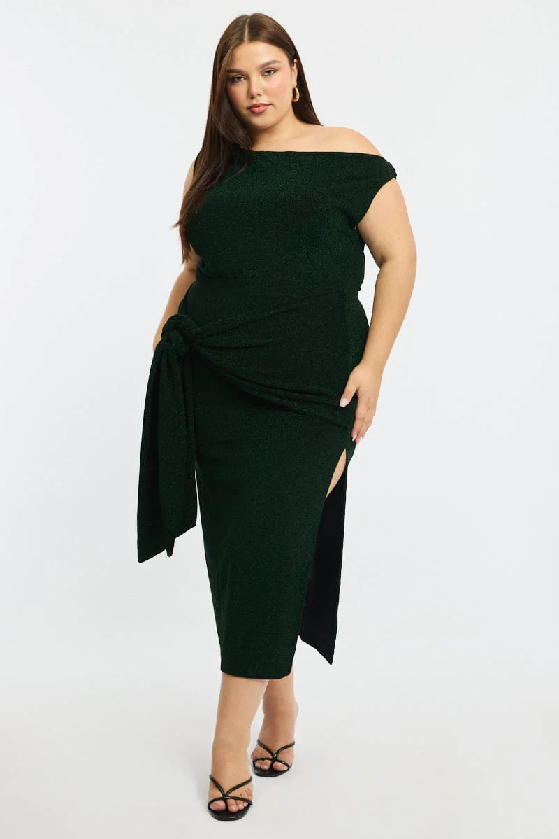 Green Metallic Maxi Dress One Shoulder