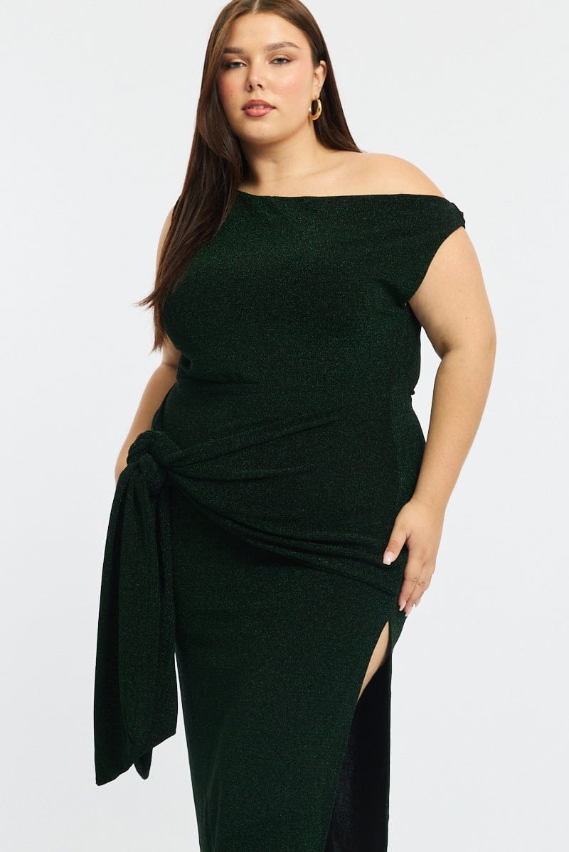 Green Metallic Maxi Dress One Shoulder - Image 2
