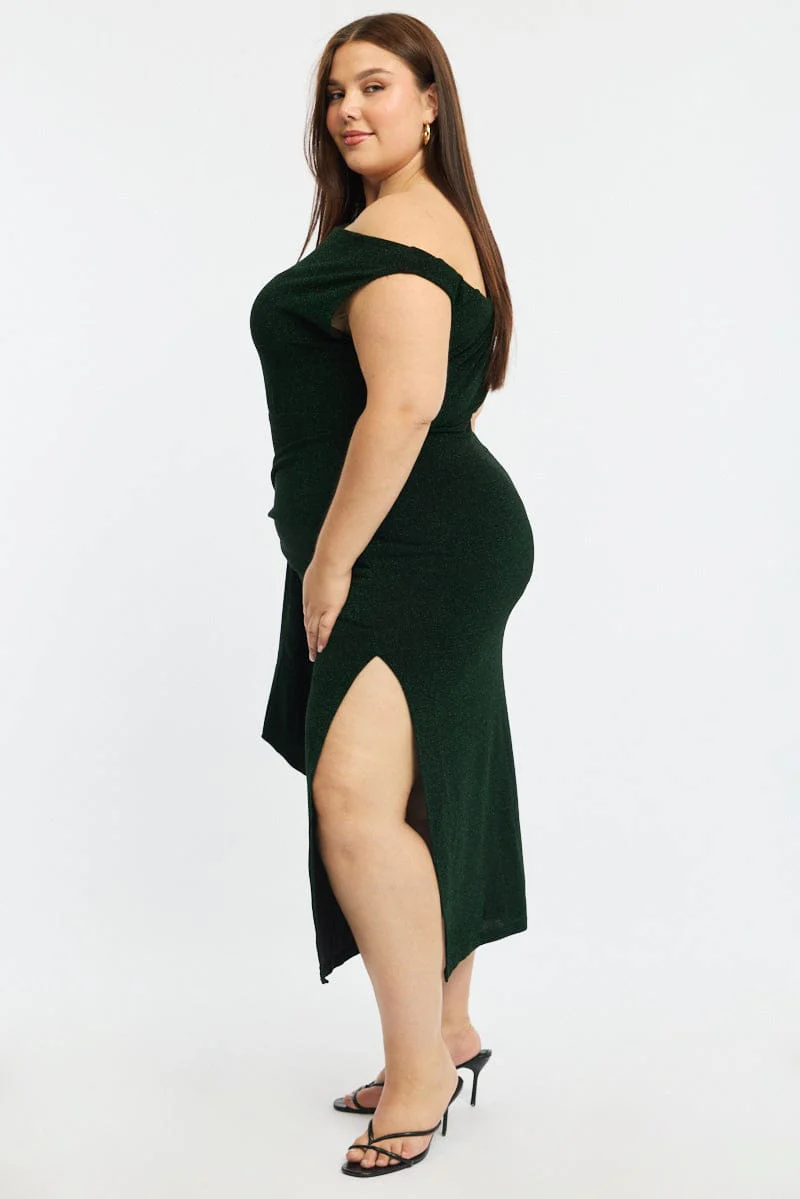 Green Metallic Maxi Dress One Shoulder - Image 3