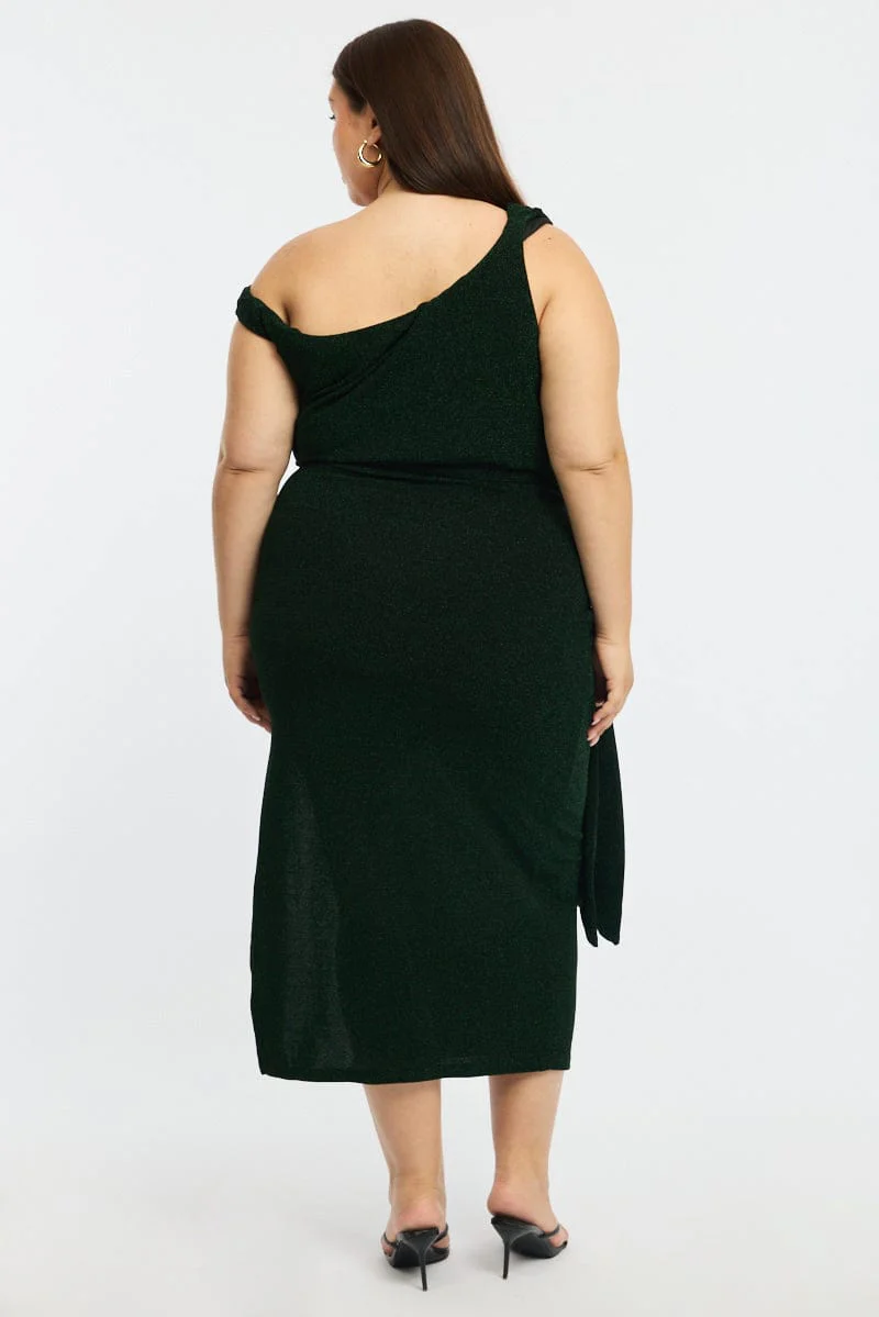 Green Metallic Maxi Dress One Shoulder - Image 4