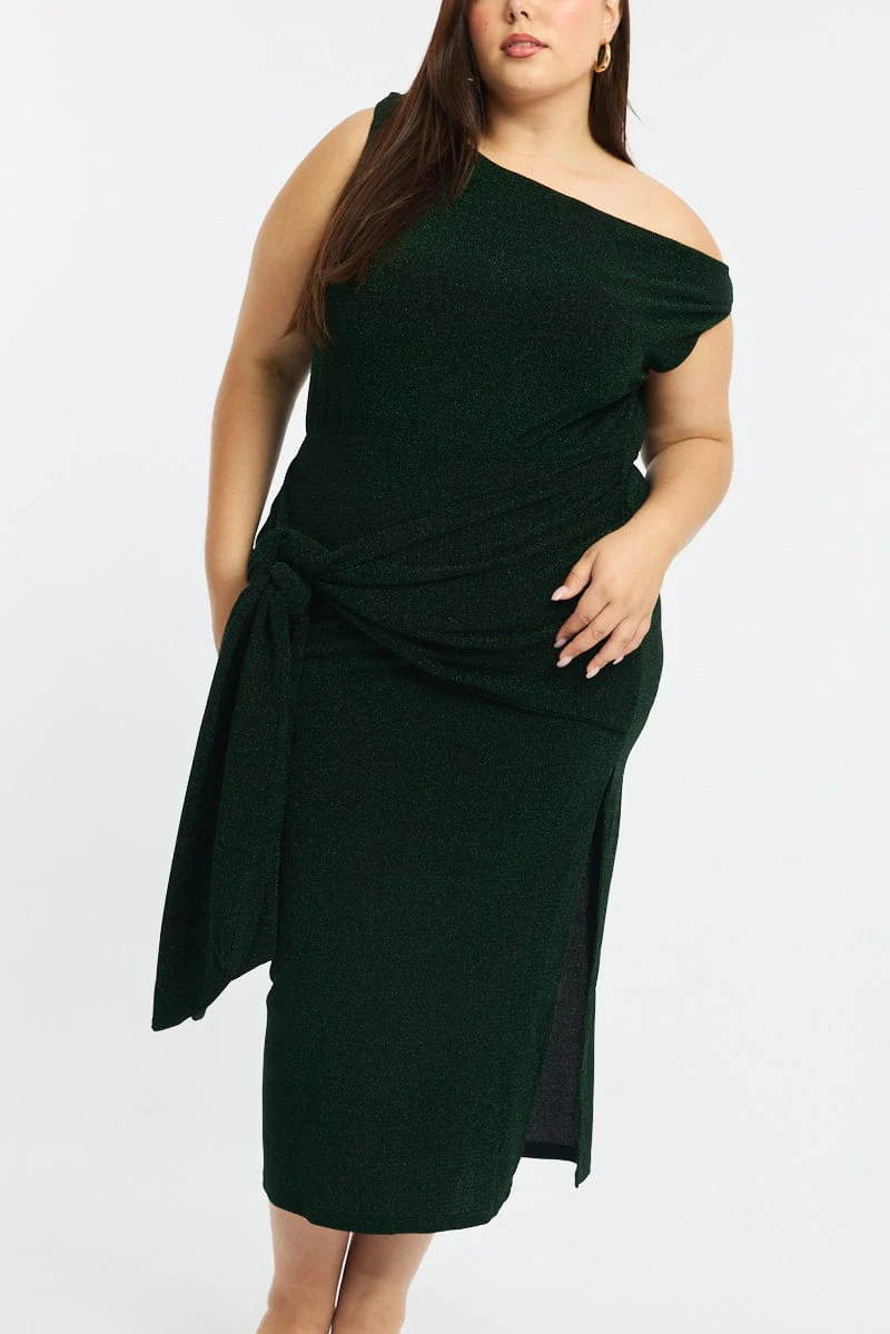 Green Metallic Maxi Dress One Shoulder - Image 5