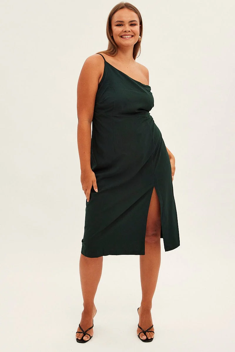 Green Midi Dress Asymmetrical Shoulder