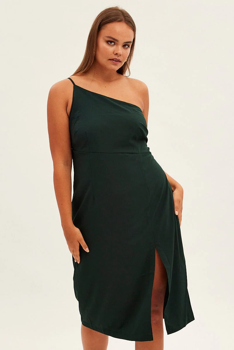 Green Midi Dress Asymmetrical Shoulder - Image 2