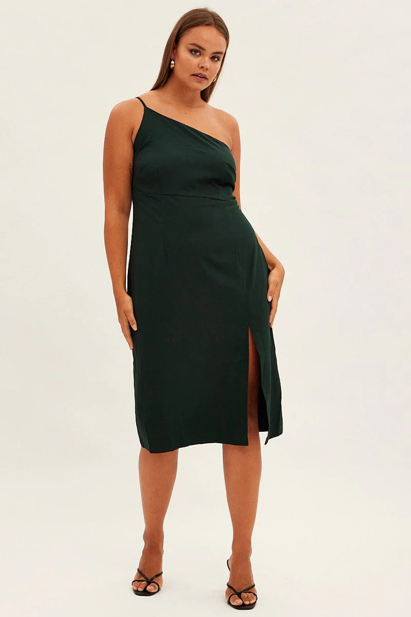 Green Midi Dress Asymmetrical Shoulder - Image 3