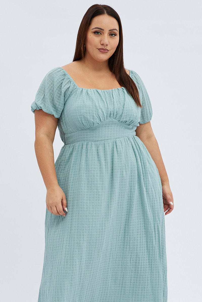 Green Midi Dress Check Cotton Puff Sleeve - Image 2