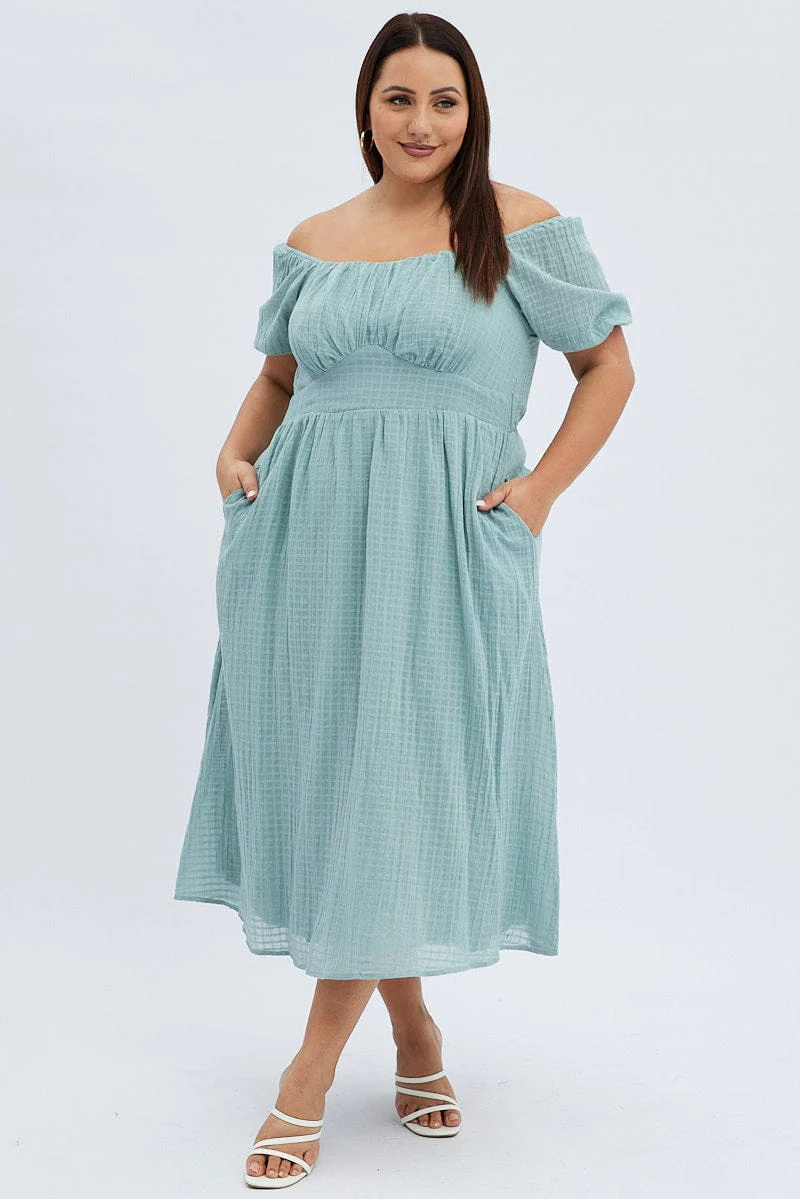 Green Midi Dress Check Cotton Puff Sleeve - Image 3