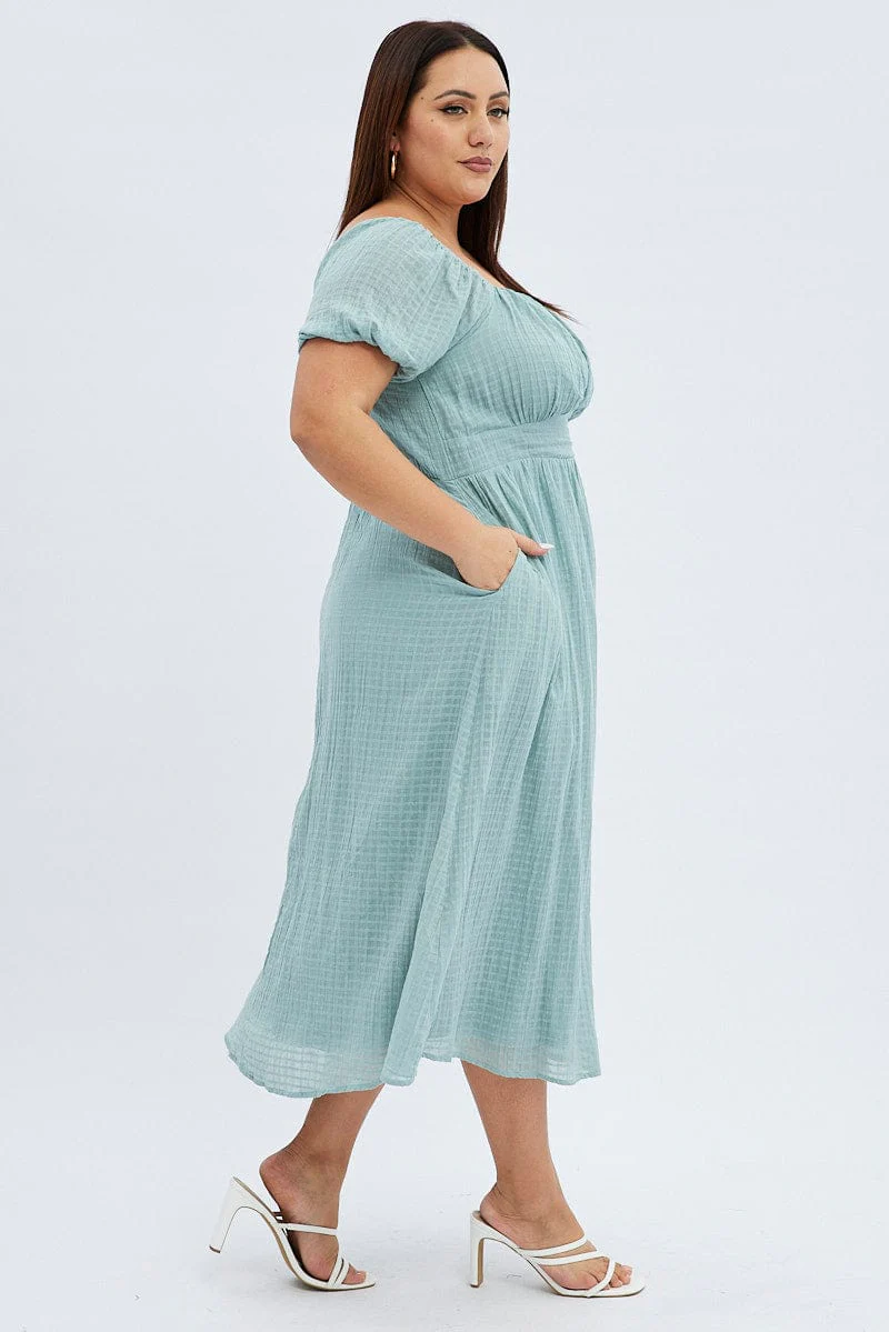 Green Midi Dress Check Cotton Puff Sleeve - Image 4