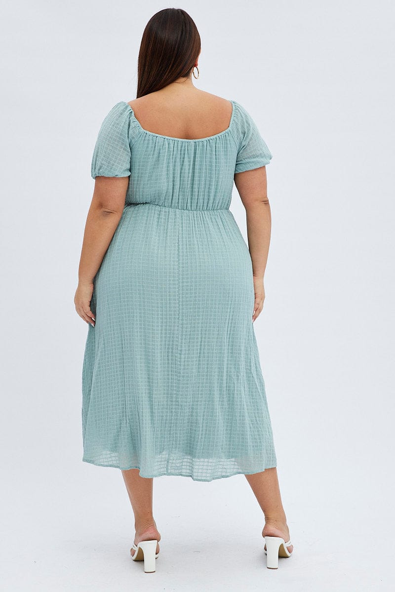 Green Midi Dress Check Cotton Puff Sleeve - Image 5