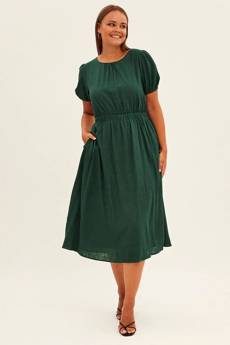 Green Midi Dress Cutout Back Puff Sleeve Linen Blend - Image 2