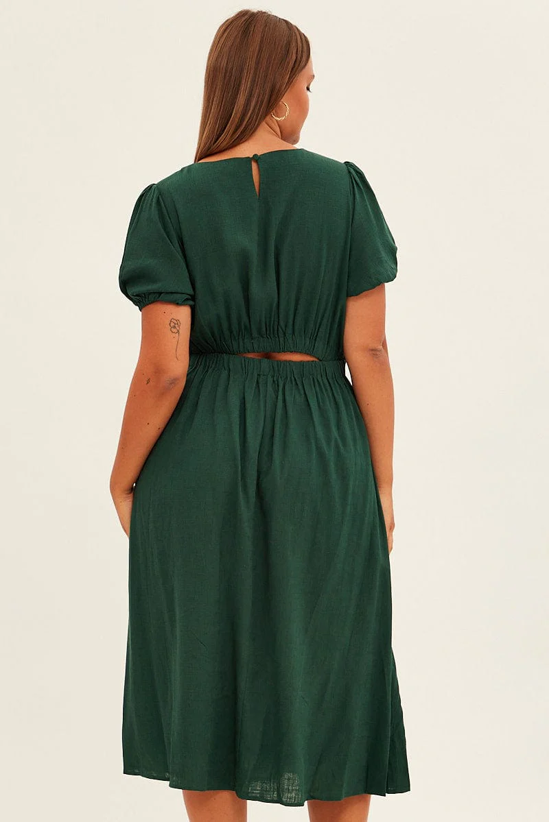 Green Midi Dress Cutout Back Puff Sleeve Linen Blend - Image 5