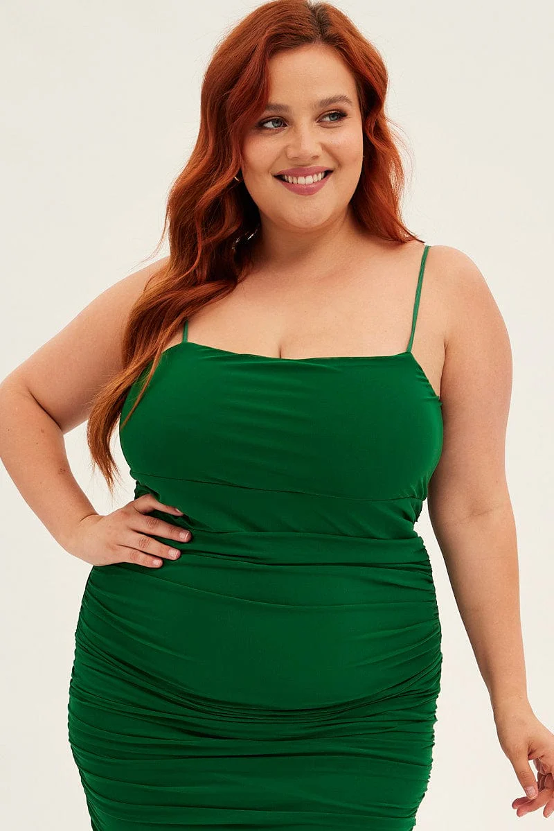 Green Midi Dress Mesh Ruched Side Shoestring Strap - Image 2