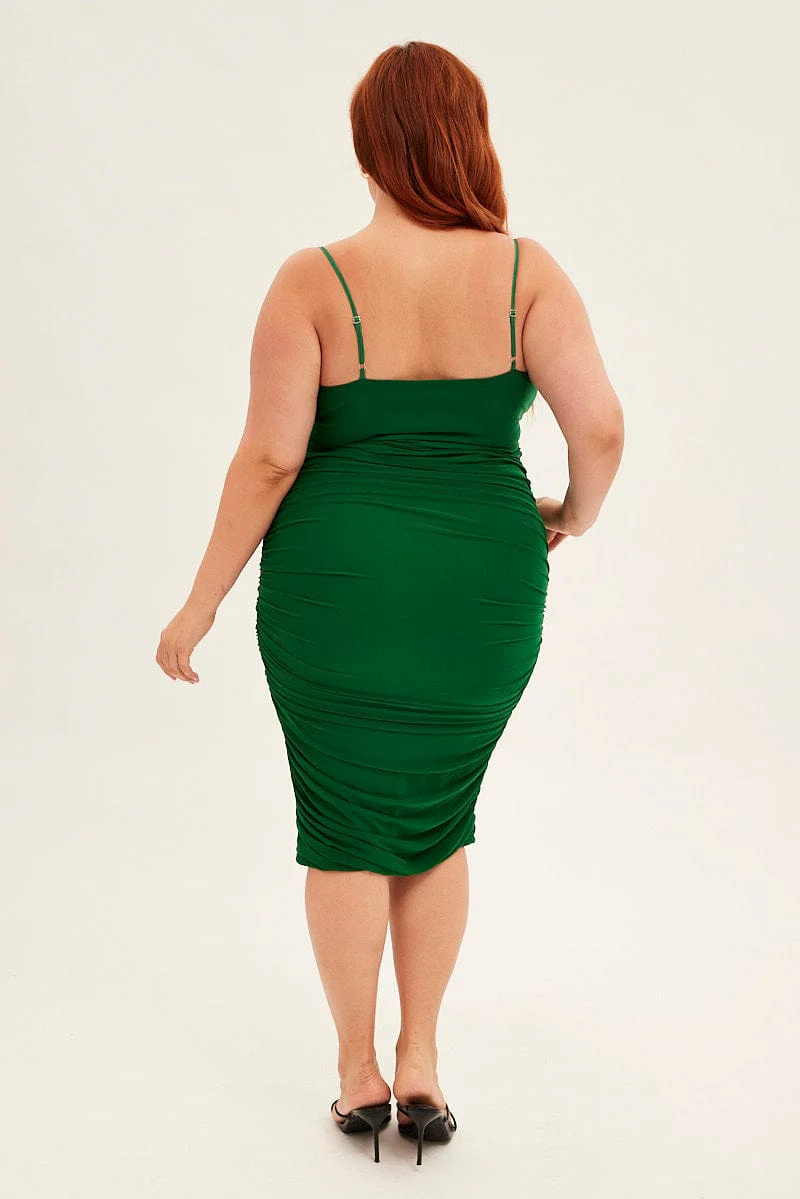 Green Midi Dress Mesh Ruched Side Shoestring Strap - Image 5