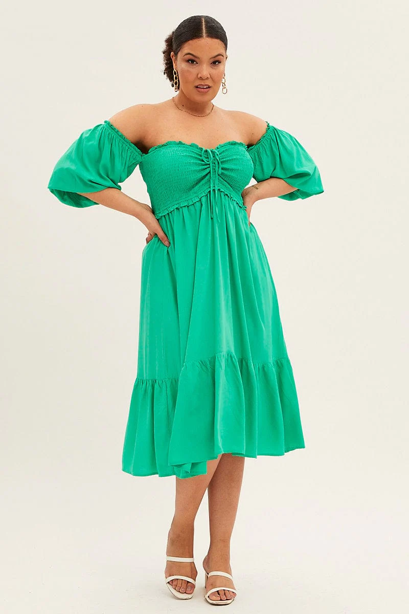 Green Midi Dress Off Shoulder Shirred - Image 3