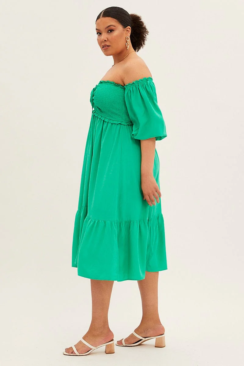 Green Midi Dress Off Shoulder Shirred - Image 4