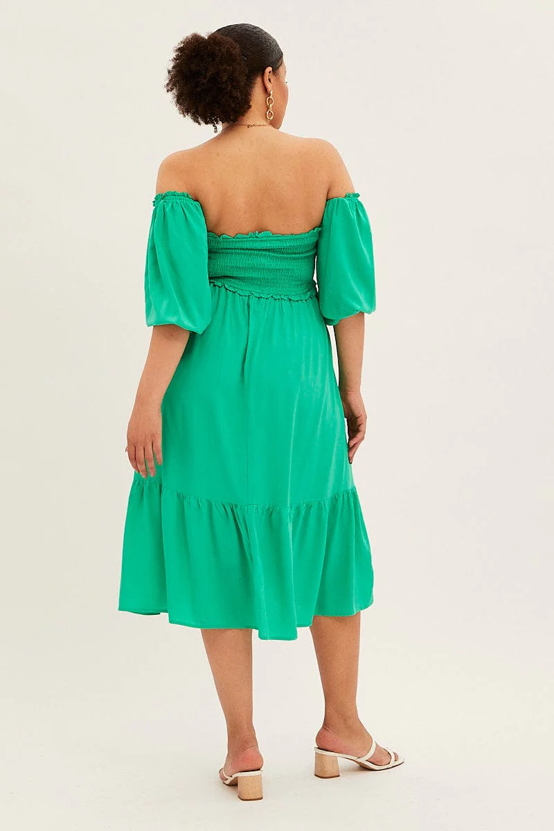 Green Midi Dress Off Shoulder Shirred - Image 5