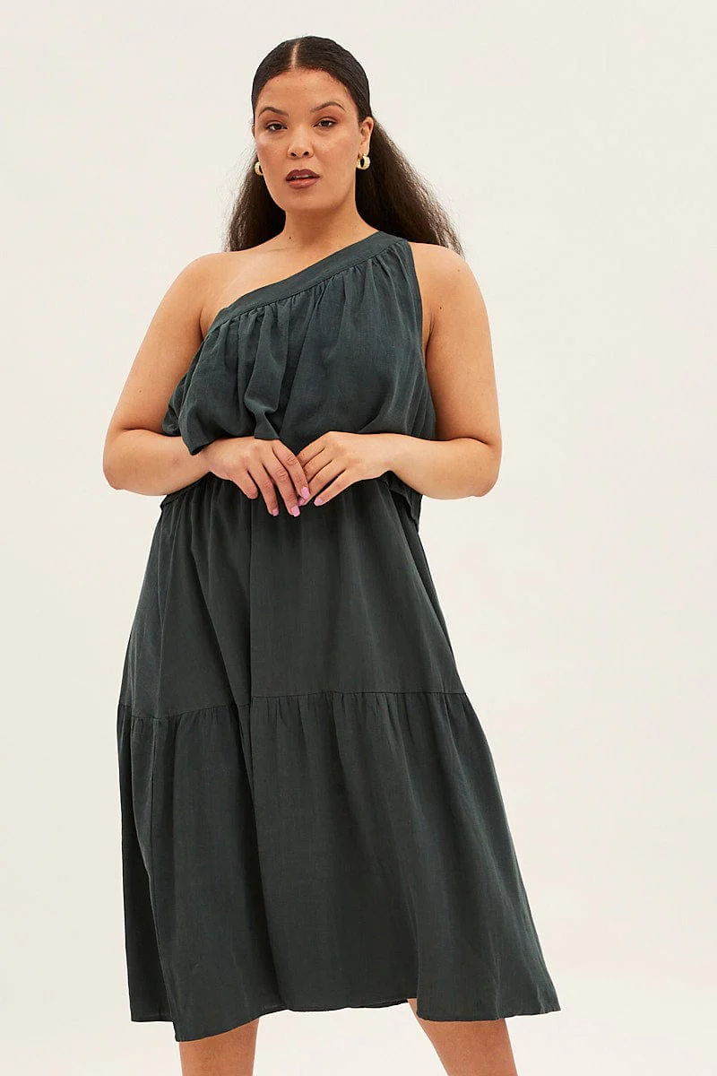 Green Midi Dress One Shoulder Frill Linen Blend - Image 2
