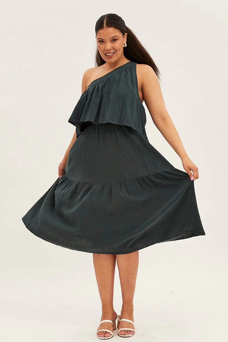 Green Midi Dress One Shoulder Frill Linen Blend - Image 3