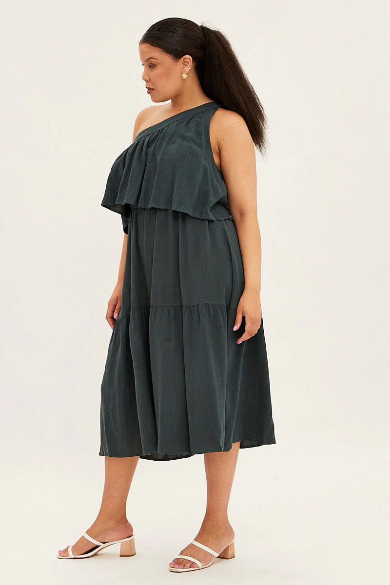 Green Midi Dress One Shoulder Frill Linen Blend - Image 4