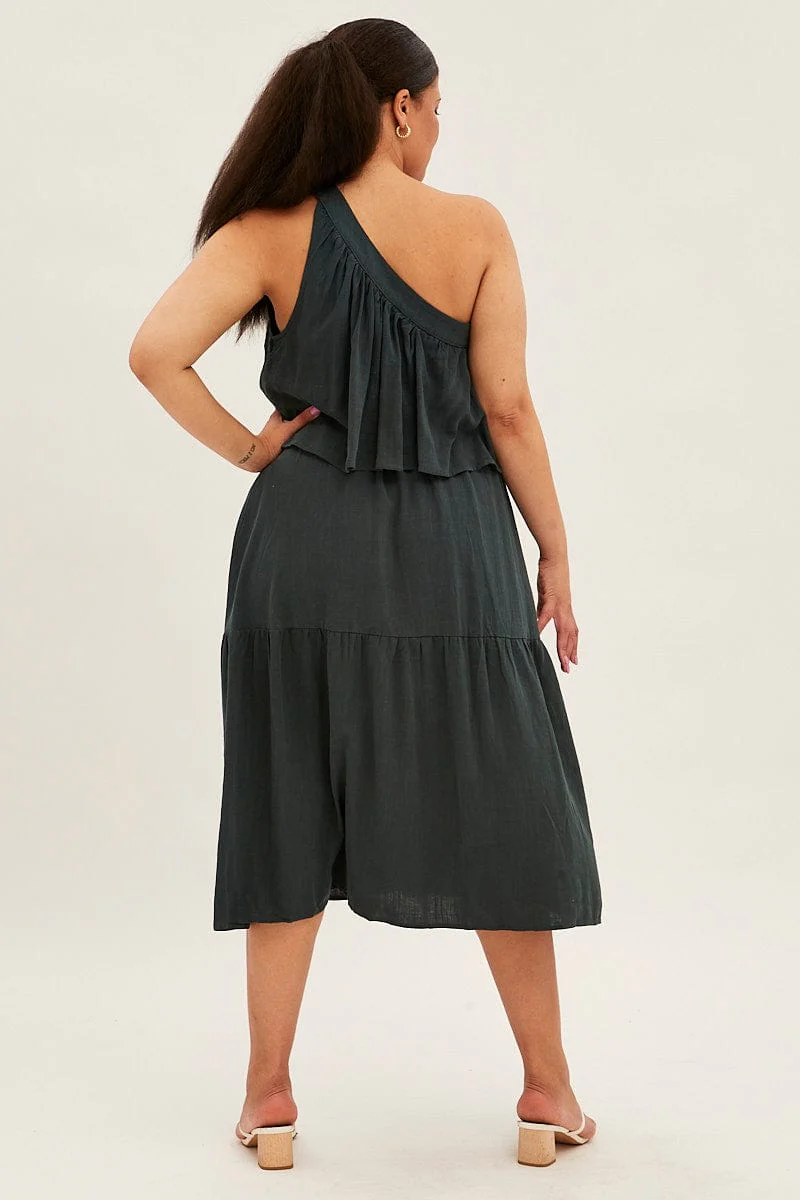 Green Midi Dress One Shoulder Frill Linen Blend - Image 5