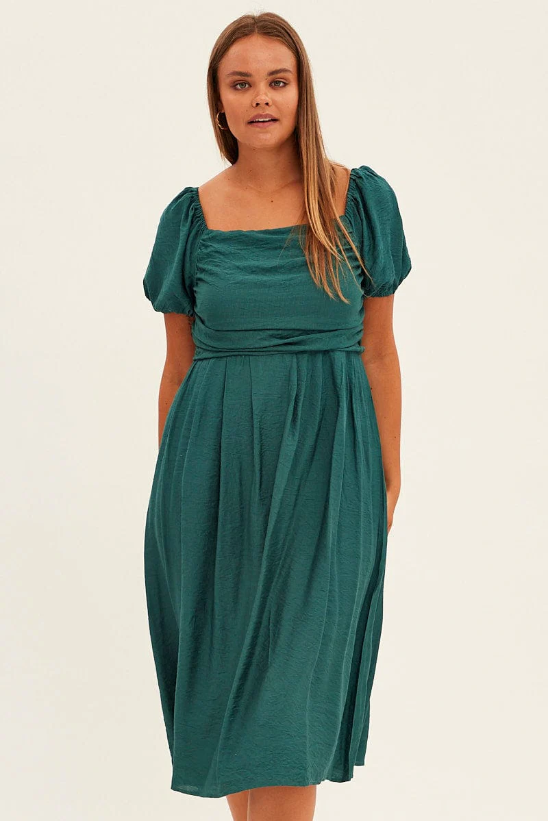 Green Midi Dress Puff Sleeve Square Neck Lined Textured - Image 2
