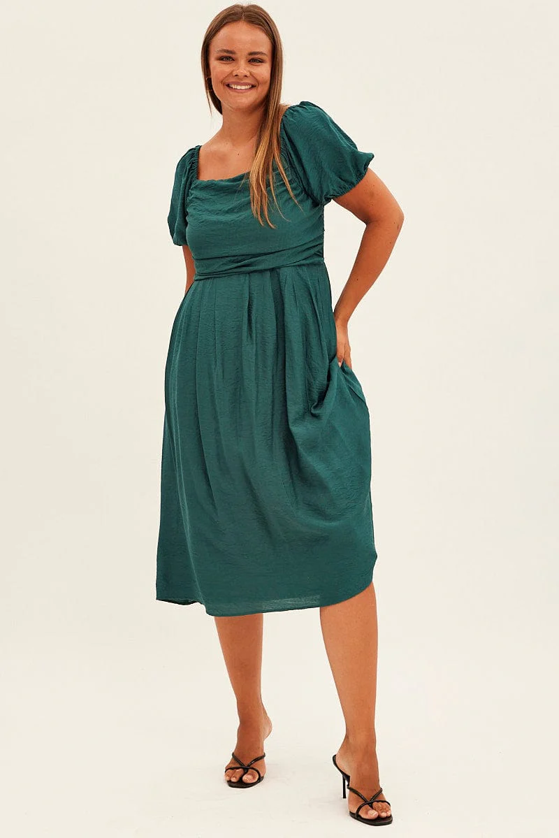 Green Midi Dress Puff Sleeve Square Neck Lined Textured - Image 3