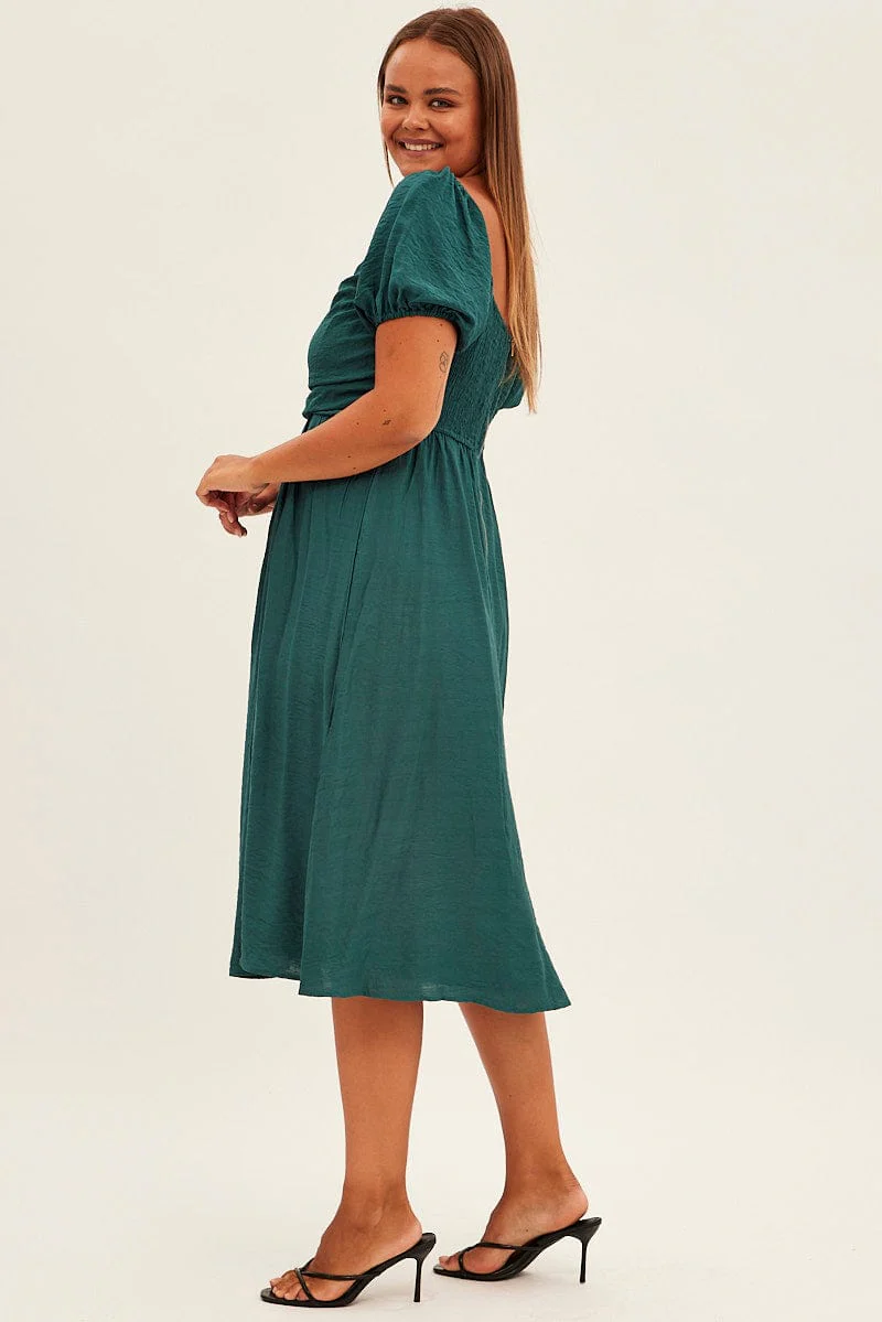 Green Midi Dress Puff Sleeve Square Neck Lined Textured - Image 4