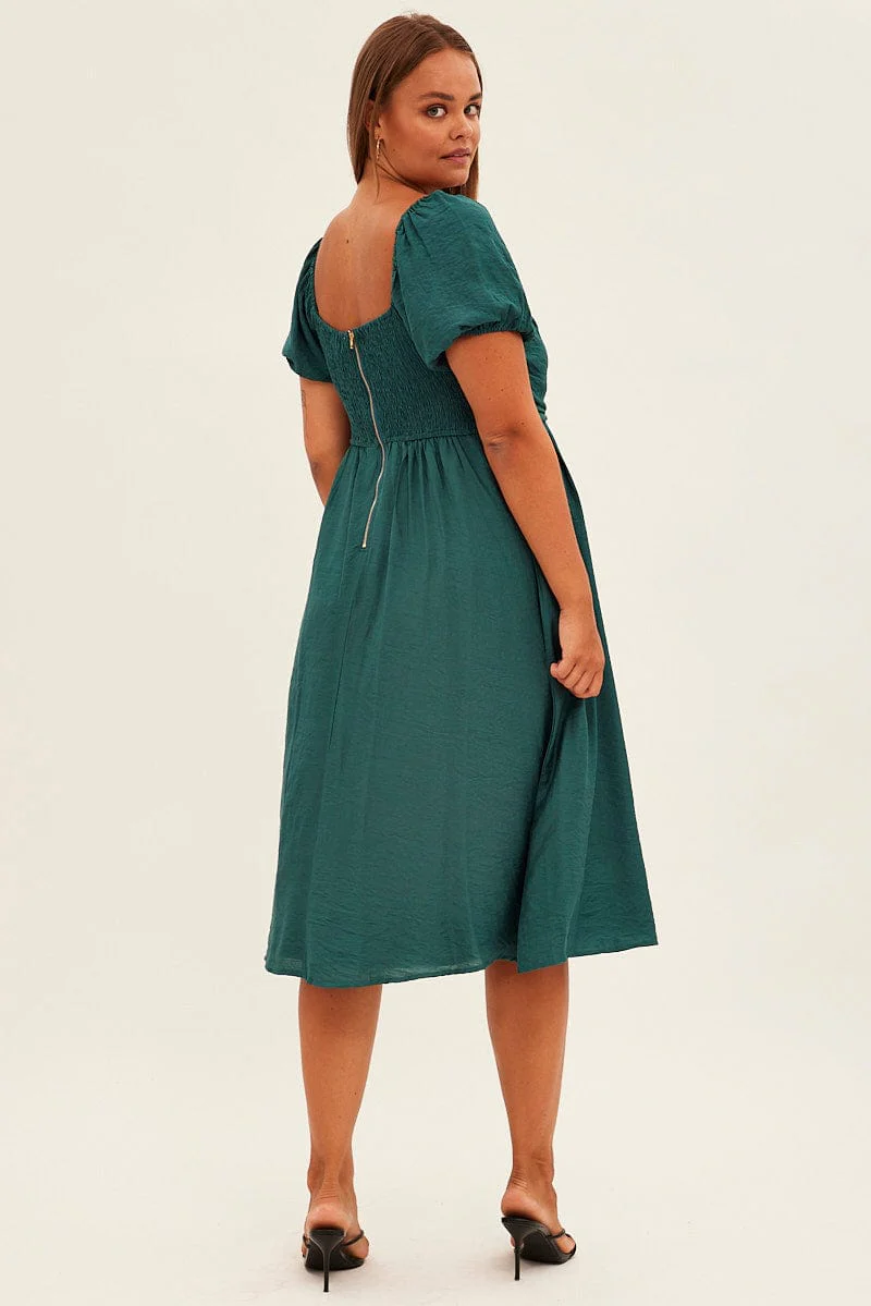 Green Midi Dress Puff Sleeve Square Neck Lined Textured - Image 5