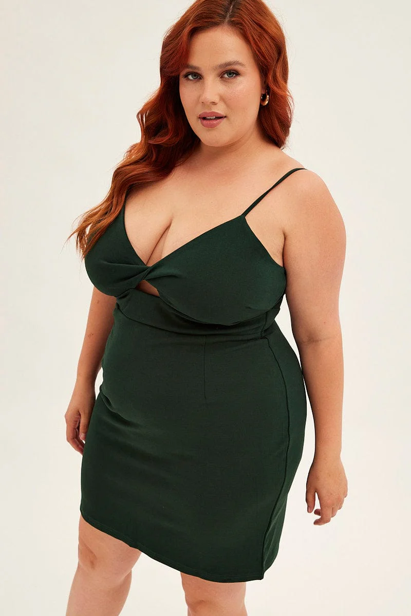 Green Midi Dress Shoestring Strap Fitted Stretch Crepe - Image 3