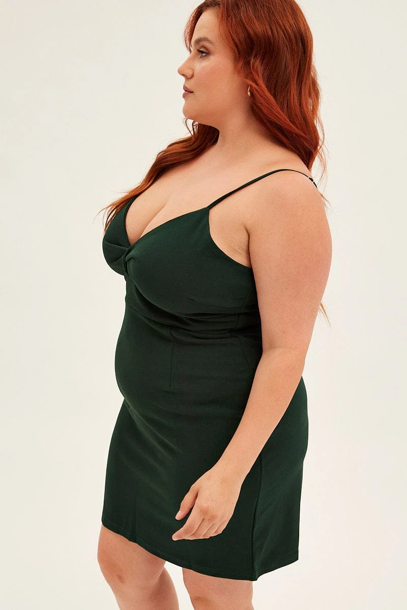 Green Midi Dress Shoestring Strap Fitted Stretch Crepe - Image 4