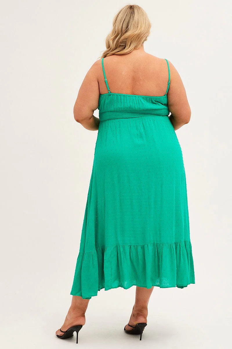 Green Midi Dress Shoestring Strap Gather Bust Frill Hem - Image 5