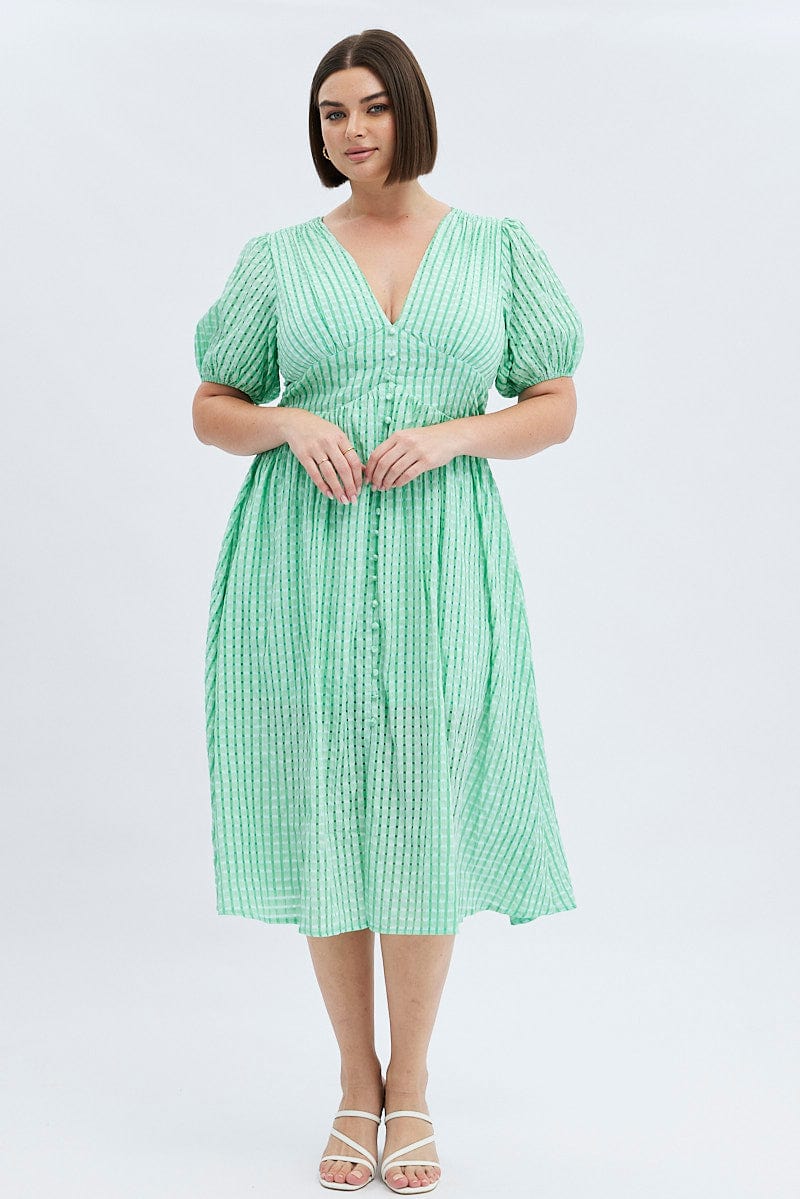 Green Midi Dress Short Puff Sleeve - Image 3