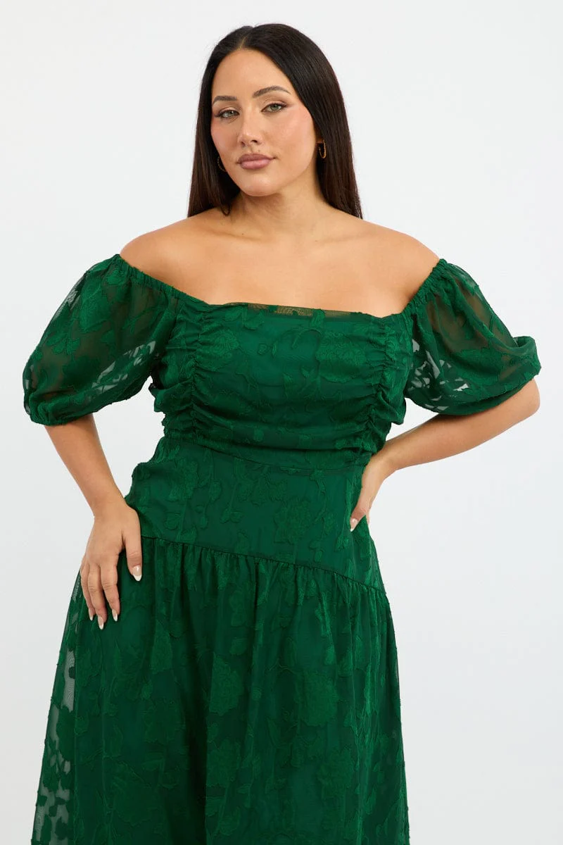 Green Midi Dress Short Sleeve Jacquard - Image 2