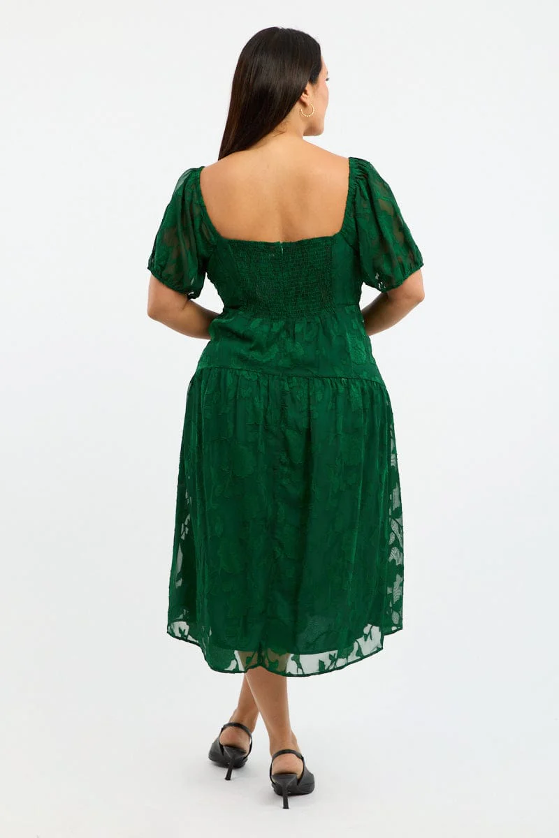 Green Midi Dress Short Sleeve Jacquard - Image 4