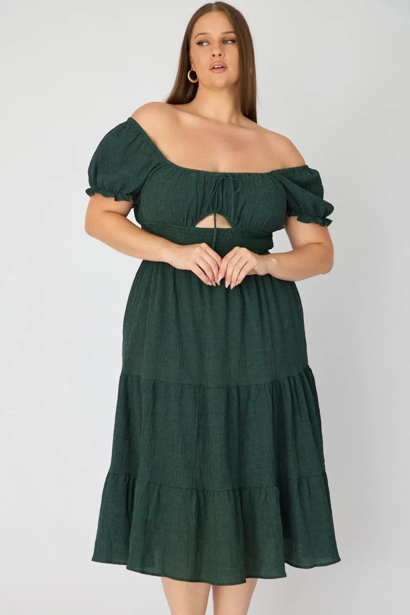 Green Midi Dress Short Sleeve Ruched Bust Cut Out - Image 2